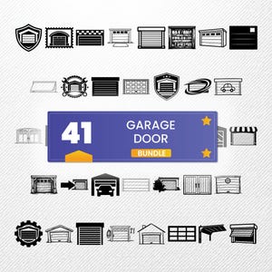 Puede incluir: Una colección de 41 iconos de puertas de garaje en blanco y negro. La imagen presenta varios estilos de puertas de garaje, un coche y una pancarta con el texto "GARAGE DOOR BUNDLE".
