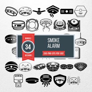 May include: A collection of 34 smoke alarm designs in black and white. The image includes various illustrations of smoke detectors, a fire alarm bell, and text that reads "Smoke Alarm" and "34 Designs". The designs are available in SVG, PNG, EPS, PDF, and DXF formats.