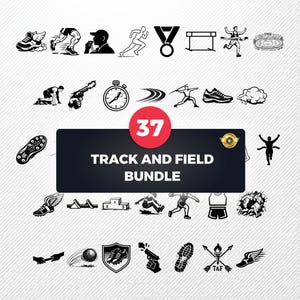 May include: A collection of 37 black and white track and field illustrations, including running shoes, athletes, a stopwatch, and a medal. The text "Track and Field Bundle" is displayed on a dark background.