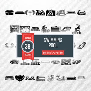 Puede incluir: Una colección de 38 diseños de piscinas en blanco y negro. Los diseños incluyen varias formas de piscina, puestos de salvavidas, trampolines y toboganes acuáticos. El texto "SWIMMING POOL" se muestra con "SVG-PNG-EPS-PDF-DXF" debajo.