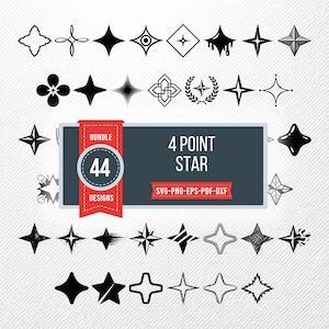 Peut inclure: Une collection de 44 motifs d'étoiles à 4 pointes de styles variés, y compris pleins, en lignes et texturés. Les motifs sont affichés sur un fond gris clair texturé. L'image comprend le texte "4 POINT STAR" et "BUNDLE 44 DESIGNS".