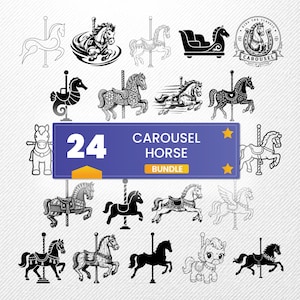 May include: A collection of twenty-four black and white carousel horse illustrations featuring various artistic styles, including line art, silhouettes, and detailed engravings, with a central blue banner labeled 24 CAROUSEL HORSE BUNDLE.