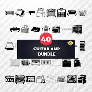May include: A collection of 40 guitar amp illustrations in black and white. The amps vary in size and style, including combo amps, stacks, and heads. The image includes a central banner with the text "GUITAR AMP BUNDLE" and a red circle with the number "40".