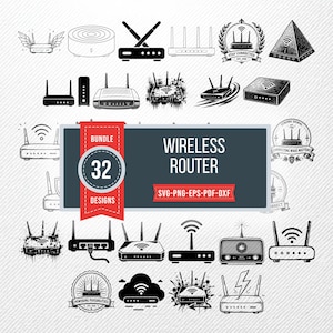 Puede incluir: Una colección de 32 iconos y diseños gráficos de routers inalámbricos en blanco y negro. La etiqueta rectangular central presenta el texto BUNDLE 32 DESIGNS WIRELESS ROUTER SVG-PNG-EPS-PDF-DXF. Los iconos muestran varias formas de routers.