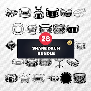 Op de afbeelding: Een verzameling van 28 zwart-wit illustraties van snaredrums in diverse stijlen, inclusief trommels met stokken, steraccenten en decoratieve kaders. De centrale tekst luidt 28 SNARE DRUM BUNDLE, weergegeven in een donker rechthoekig kader.