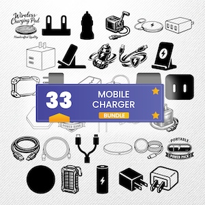 Puede incluir: Ilustración en blanco y negro de una colección de cargadores y accesorios para móviles. Incluye bases de carga inalámbricas, baterías externas, cargadores de pared y varios tipos de cables. El texto "33 Mobile Charger Bundle" está presente.