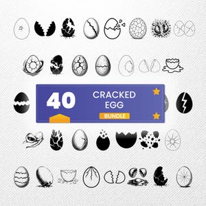 Könnte beinhalten: Eine digitale Sammlung von 40 schwarz-weißen Ei-Illustrationen mit verschiedenen Designs von gesprungenen, zerbrochenen und ganzen Eiern. Ein zentrales blaues rechteckiges Banner zeigt den weißen Text 40 CRACKED EGG BUNDLE mit zwei gelben Sternen.