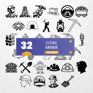 Könnte beinhalten: Eine Sammlung von 32 schwarz-weißen Illustrationen zum Thema Kohlebergbau. Die Bilder zeigen Bergleute, Werkzeuge, Lore, und ein Banner mit der Aufschrift "32 COAL MINER BUNDLE". Geeignet für verschiedene Designprojekte.