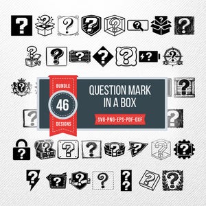 Puede incluir: Un conjunto de 46 diseños de signos de interrogación en blanco y negro, presentados en varios estilos, incluyendo dentro de cajas y escudos. El texto "QUESTION MARK IN A BOX" y "46 DESIGNS" también está incluido.