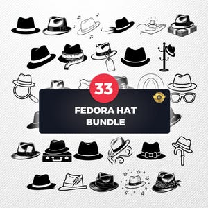 Op de afbeelding: Een verzameling van 33 Fedora hoed illustraties in zwart en wit. De hoeden variëren in stijl, waaronder klassieke ontwerpen en hoeden met accessoires. De afbeelding bevat de tekst "FEDORA HAT BUNDLE".