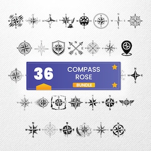 May include: A collection of 36 compass rose designs in black and white. The designs vary in style, including classic compasses, starbursts, and compasses with wings. A blue banner reads "36 COMPASS ROSE BUNDLE."