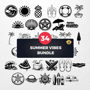 Op de afbeelding: Een zwart-wit zomer-thema bundel met 34 illustraties. Bevat afbeeldingen van golven, zon, ananas, slippers, reddingsboei, palmboom, zeeschelp, zeester, strandscène, auto, surfplank, watermeloen, kokosnoot en een caravan.