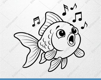 Goldfish Singing SVG | Kawaii Fish Vector Clipart | EPS PNG Dxf Cut File | Cricut Silhouette