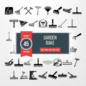 Garden Rake SVG Bundle, 45 Leaf Rake Silhouette Designs, Yard Tool Clipart for Cricut, Farming Rake PNG, Landscape Vector