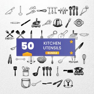 May include: A collection of 50 kitchen utensils, illustrated in black and white. Includes knives, whisks, spoons, spatulas, and more. A blue banner reads "50 Kitchen Utensils Bundle".
