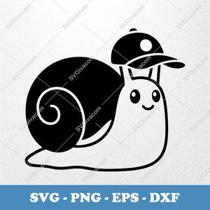 Puede incluir: Ilustración de dibujos animados en blanco y negro de un caracol con una gorra de béisbol. El caracol tiene una gran concha en espiral y una cara sonriente. La imagen incluye el texto "SVG - PNG - EPS - DXF".