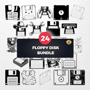 Könnte beinhalten: Eine Sammlung von 24 schwarz-weißen Illustrationen mit verschiedenen Disketten-Designs, darunter zerbrochene, schmelzende und stilisierte Versionen. Der zentrale Text lautet 24 FLOPPY DISK BUNDLE, in fetter Schrift auf dunklem Hintergrund.