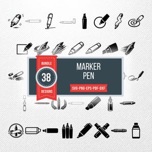 May include: A collection of 38 marker pen designs in black and white, including various styles and illustrations. The image features a banner with the text "MARKER PEN" and "BUNDLE 38 DESIGNS".