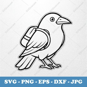 May include: A black and white cartoon illustration of a crow wearing a backpack. The crow is in a side profile, with its beak pointing to the right. The image includes the text "SVG - PNG - EPS - DXF - JPG" at the bottom.