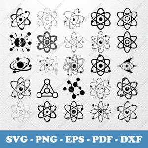May include: A selection of black and white atom designs, featuring diverse styles from detailed line art to simple shapes. Ideal for science-related projects. The image includes the text: SVG - PNG - EPS - PDF - DXF at the bottom.