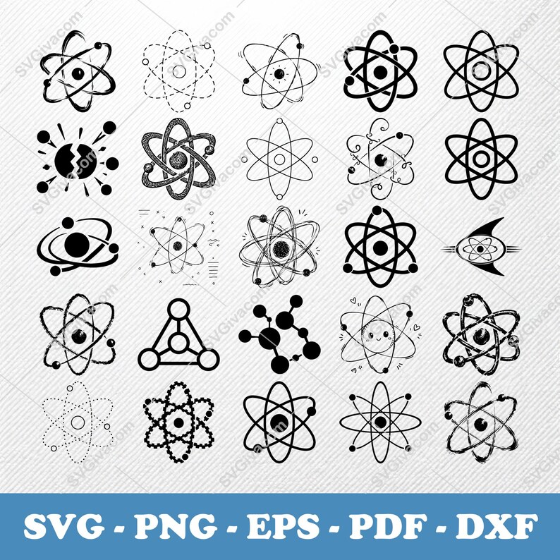 May include: A selection of black and white atom designs, featuring diverse styles from detailed line art to simple shapes. Ideal for science-related projects. The image includes the text: SVG - PNG - EPS - PDF - DXF at the bottom.
