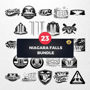 May include: A bundle of 23 black and white Niagara Falls designs. The collection features illustrations of the falls, logos, and text elements, suitable for digital projects or print materials. The text "Niagara Falls Bundle" is included.