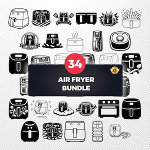 Puede incluir: Colección de 34 ilustraciones de freidoras de aire en blanco y negro. Los diseños incluyen varios modelos de freidoras de aire, algunos con elementos adicionales como vapor, patatas fritas y utensilios de cocina. El texto "AIR FRYER BUNDLE" se muestra en un rectángulo negro.