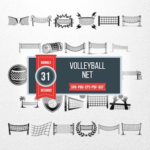 Puede incluir: Una colección de 31 diseños de redes de voleibol en blanco y negro. Los diseños incluyen varios estilos de red, balones de voleibol y gráficos relacionados. El texto "VOLLEYBALL NET" se muestra con "SVG-PNG-EPS-PDF-DXF" debajo.