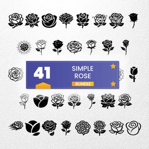 Simple Rose SVG Bundle, 41 Minimal Flower Silhouette Vectors, Rosebud Clipart for Cricut, Floral PNG