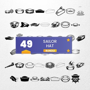 May include: A collection of 49 sailor hat illustrations in black and white. The image includes various hat designs, a telescope, a ship's wheel, and the text "SAILOR HAT BUNDLE" on a blue banner. The illustrations are suitable for nautical-themed designs.