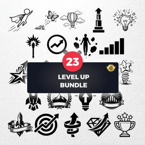 May include: A collection of 23 black and white vector illustrations with a business and achievement theme. Includes a superhero, rocket, lightbulb, star, and the text "LEVEL UP BUNDLE".