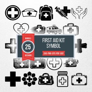 Puede incluir: Un conjunto de 25 diseños de símbolos de botiquín de primeros auxilios en blanco y negro. Los diseños incluyen cruces, bolsas médicas, un gorro de enfermera, una jeringa y una ambulancia. Texto: "FIRST AID KIT SYMBOL".