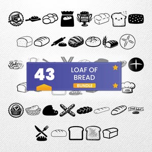May include: Black and white line art illustrations of various bread types, including loaves, rolls, and baguettes. A banner reads "43 LOAF OF BREAD BUNDLE". Other icons include a rolling pin, wheat, and a chef's hat. A bakery theme.