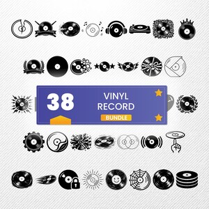 May include: A selection of 38 black and white vinyl record icons, including headphones, turntables, and various record designs. A blue banner reads "38 Vinyl Record Bundle."