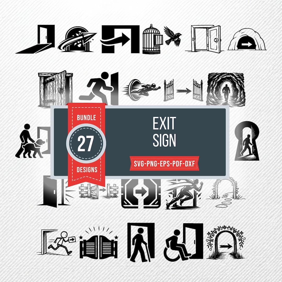 Exit Sign SVG Bundle, 27 Escape Route Silhouette Designs, Doorway ...