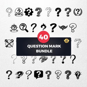 Puede incluir: Una colección de 40 diseños de signos de interrogación en varios estilos, incluyendo un ancla, un engranaje, libros y alas. Los diseños son en blanco y negro, con un círculo rojo que muestra el número 40 y el texto "QUESTION MARK BUNDLE".