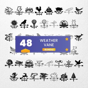 Może przedstawiać: Kolekcja 48 czarno-białych wzorów wiatrowskazów, w tym zwierzęta, pojazdy i symbole. Niebieski baner wyświetla "48 WEATHER VANE BUNDLE". Projekty są ułożone na białym tle z przekątnymi liniami.
