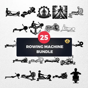 May include: A collection of 25 black and white rowing machine illustrations. The images depict various rowing machine designs and silhouettes of people using them. The text "ROWING MACHINE BUNDLE" is displayed on a dark background with a red circle containing the number "25".