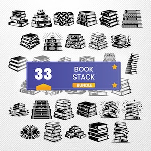 May include: A collection of 33 black and white book stack illustrations. The image features various designs of stacked books, with a central banner that reads "33 BOOK STACK BUNDLE". The illustrations are suitable for digital design or print.