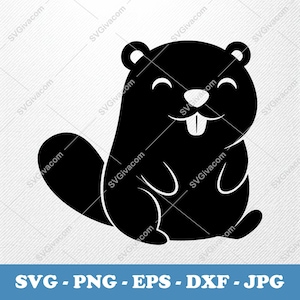 May include: A black and white cartoon beaver illustration. The beaver is smiling with its two front teeth showing. The image includes the text "SVG - PNG - EPS - DXF - JPG" in a blue banner at the bottom.