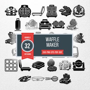 Puede incluir: Una colección de 32 diseños de gofreras en blanco y negro. La imagen incluye varios estilos de planchas para gofres, desde modelos redondos y cuadrados clásicos hasta diseños modernos. El texto en la imagen dice "WAFFLE MAKER" y "BUNDLE 32 DESIGNS".