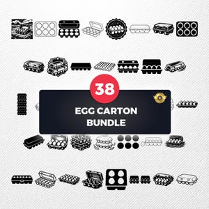 Puede incluir: Colección de 38 diseños de cartones de huevos en blanco y negro. Los diseños incluyen varios estilos de cartones de huevos, con una pancarta central que dice "EGG CARTON BUNDLE". El número 38 está en un círculo rojo.