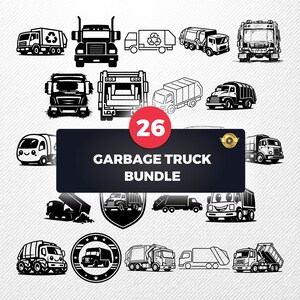 Müllauto SVG Bundle, 26 Recycling LKW Silhouette Vektoren, Trash Clipart für Cricut, Waste Hauler PNG, eps, dxf, pdf
