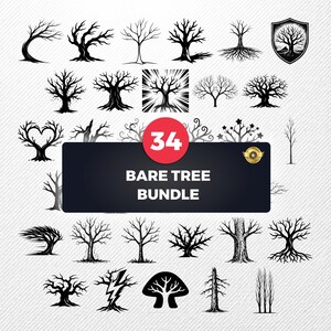 May include: A collection of 34 bare tree illustrations in black and white. The designs include various tree shapes, some with roots, and one with a heart-shaped design. The text "BARE TREE BUNDLE" is displayed on a black banner.
