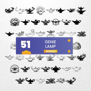Op de afbeelding: Een verzameling van 51 illustraties van toverlampen in verschillende stijlen, weergegeven op een lichtgrijze achtergrond. De lampen zijn zwart en wit, met een blauwe banner met de tekst "51 GENIE LAMP BUNDLE".