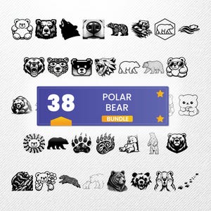 Op de afbeelding: Een verzameling van 38 zwart-wit beerillustraties met diverse artistieke stijlen, waaronder geometrische, cartoon- en realistische ontwerpen. Een centraal blauw rechthoekig label toont de tekst 38 POLAR BEAR BUNDLE.