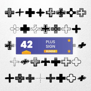 May include: A collection of 42 plus sign designs in various styles, including solid, outlined, and textured. A blue banner displays "42 PLUS SIGN BUNDLE" with star accents. The signs are in black and white.