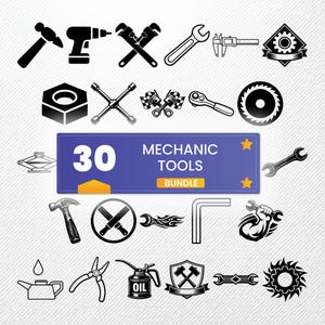 Paquete de herramientas mecánicas en formato SVG, 30 diseños de siluetas de herramientas de garaje, imágenes prediseñadas de herramientas manuales para Cricut, PNG de reparación de automóviles, vector de taller, llave inglesa en formato SVG.