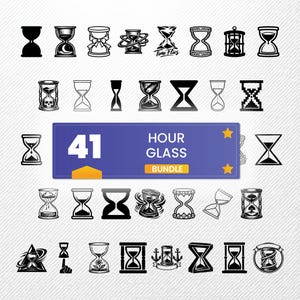 May include: A collection of 41 hourglass designs in black and white, with a blue banner that reads "41 Hour Glass Bundle". The hourglasses vary in style, from simple silhouettes to detailed illustrations.