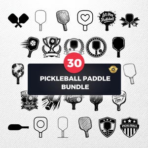 Peut inclure: Une collection de 30 modèles de raquettes de pickleball en noir et blanc. Les modèles incluent des raquettes avec des cœurs, du texte et divers éléments graphiques. Le texte "Pickleball Paddle Bundle" est affiché sur un rectangle noir avec un cercle rouge contenant le chiffre "30".